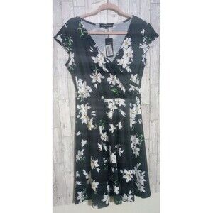 Oxiuly Fashion Dress Faux Wrap Flare Swing Short Cap‎ Sleeves Floral Size Large